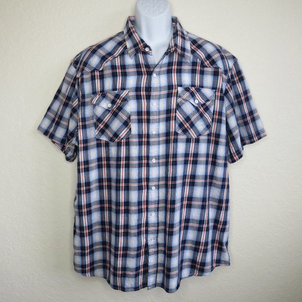 Old Navy* Men's Short Sleeve Button Down Curved Hem Slim Fit Plaid‎ Shirt~ XXL